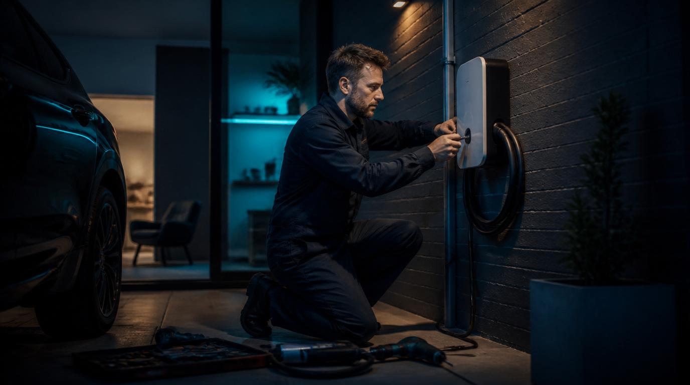 UK electrician installing an EV charger under dramatic blue light — high-intent Google Ads lead generation