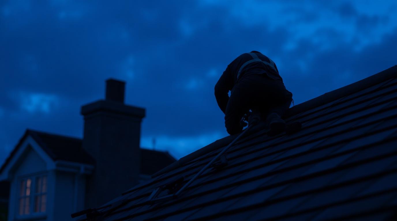 UK roofer working on a residential slate roof at dusk — high-intent Google Ads lead generation for roofing contractors